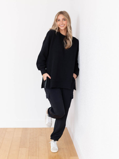 black ribbed long side zip sweatshirt