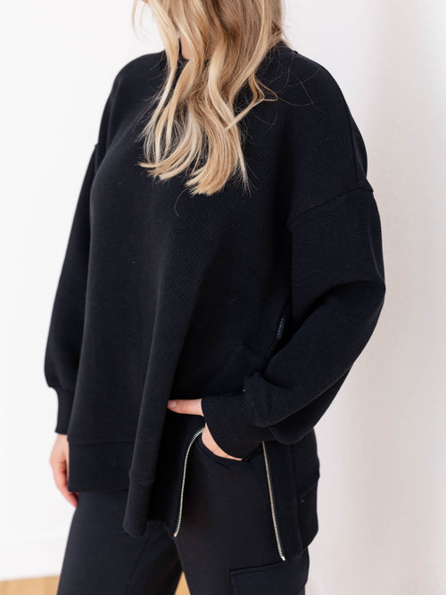 black ribbed long side zip sweatshirt