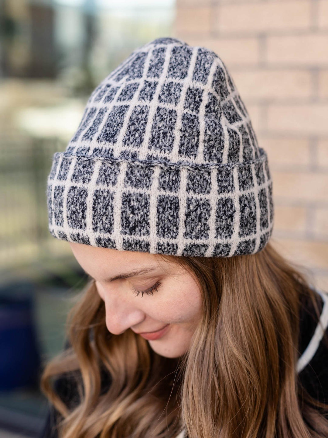 two tone checkered plaid knit beanie