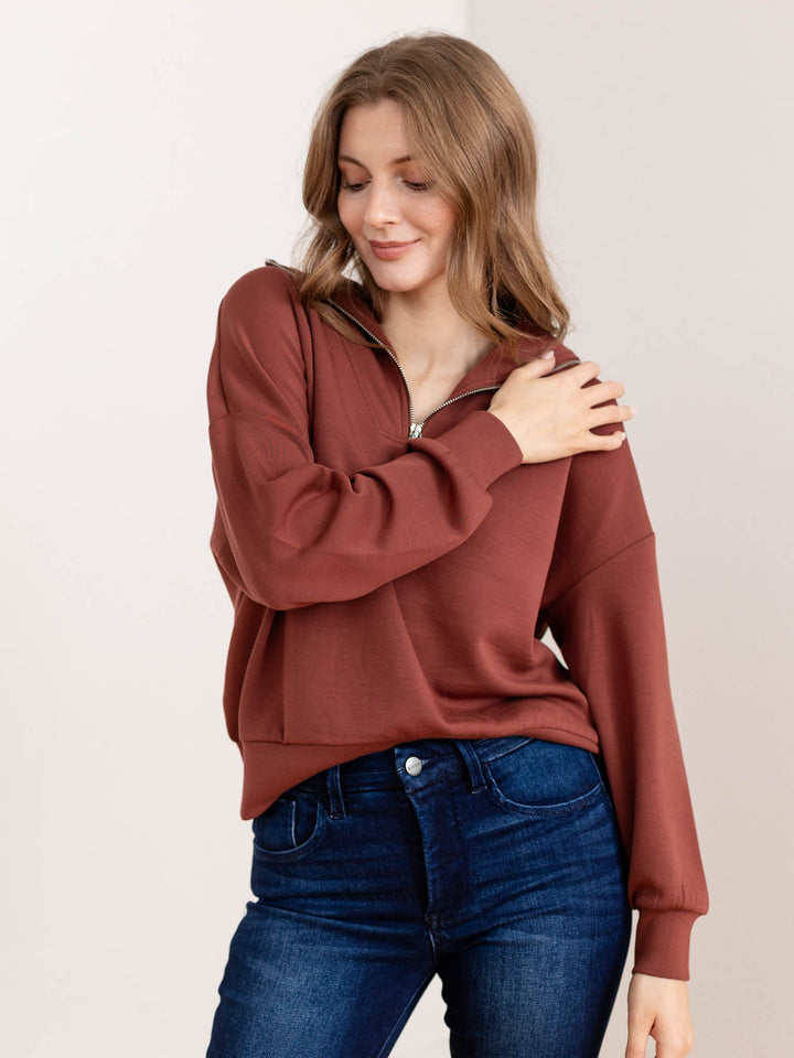 WARM CINNAMON HALF ZIP SWEATSHIRT