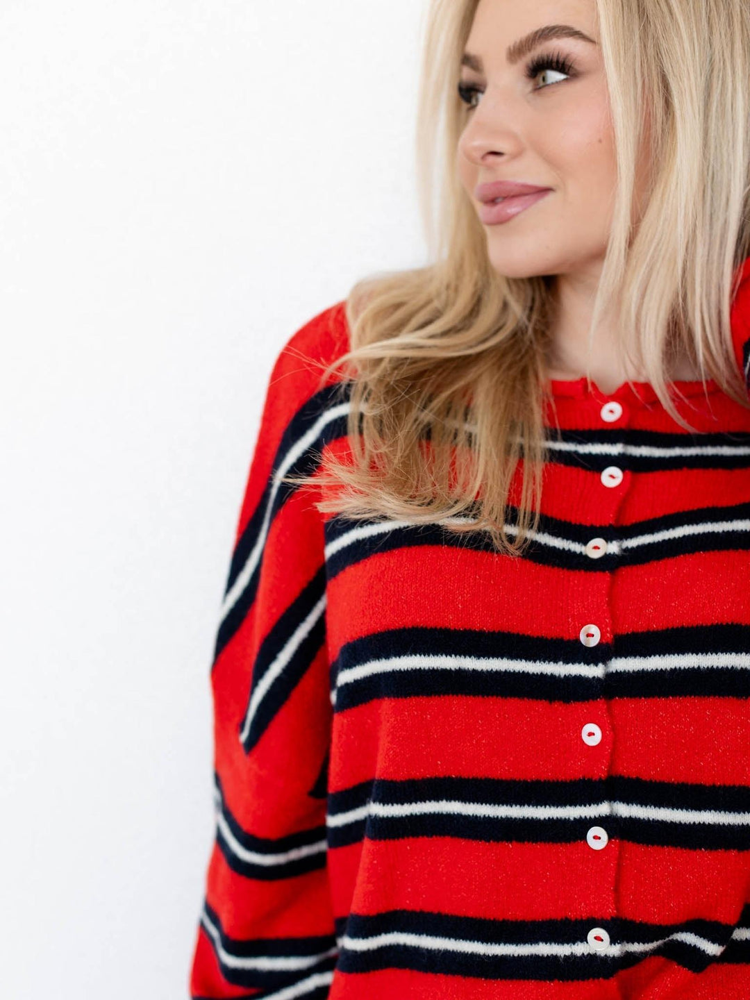 red and blue stripe cardigan