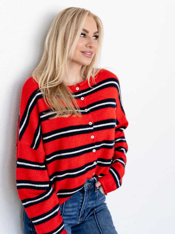 red and blue stripe cardigan
