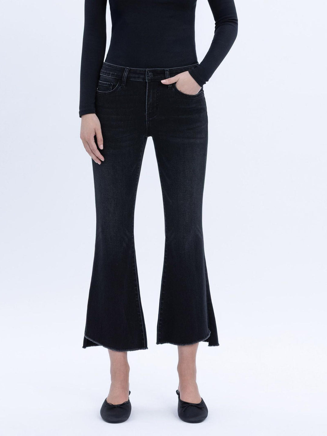 black cropped flared denim jeans