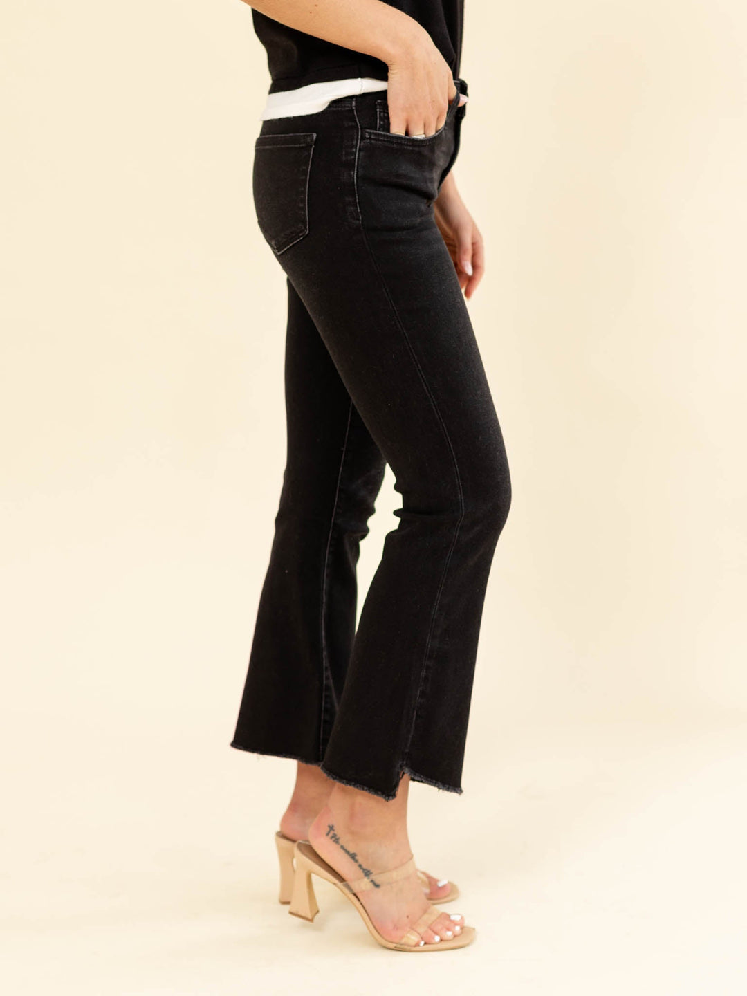 black cropped flared denim jeans
