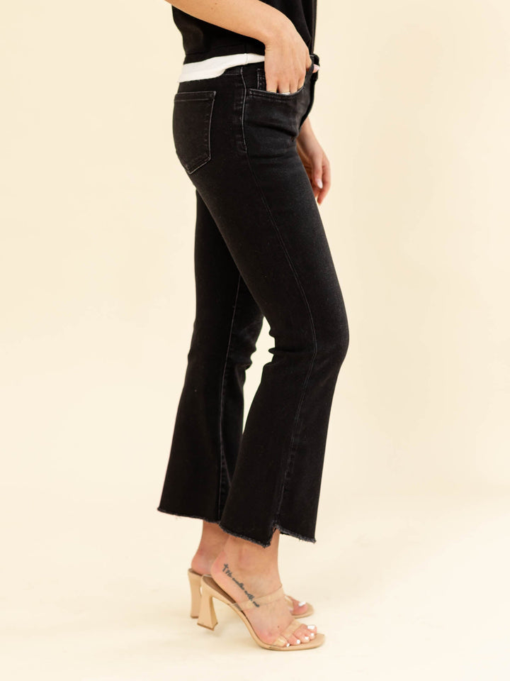 black cropped flared denim jeans