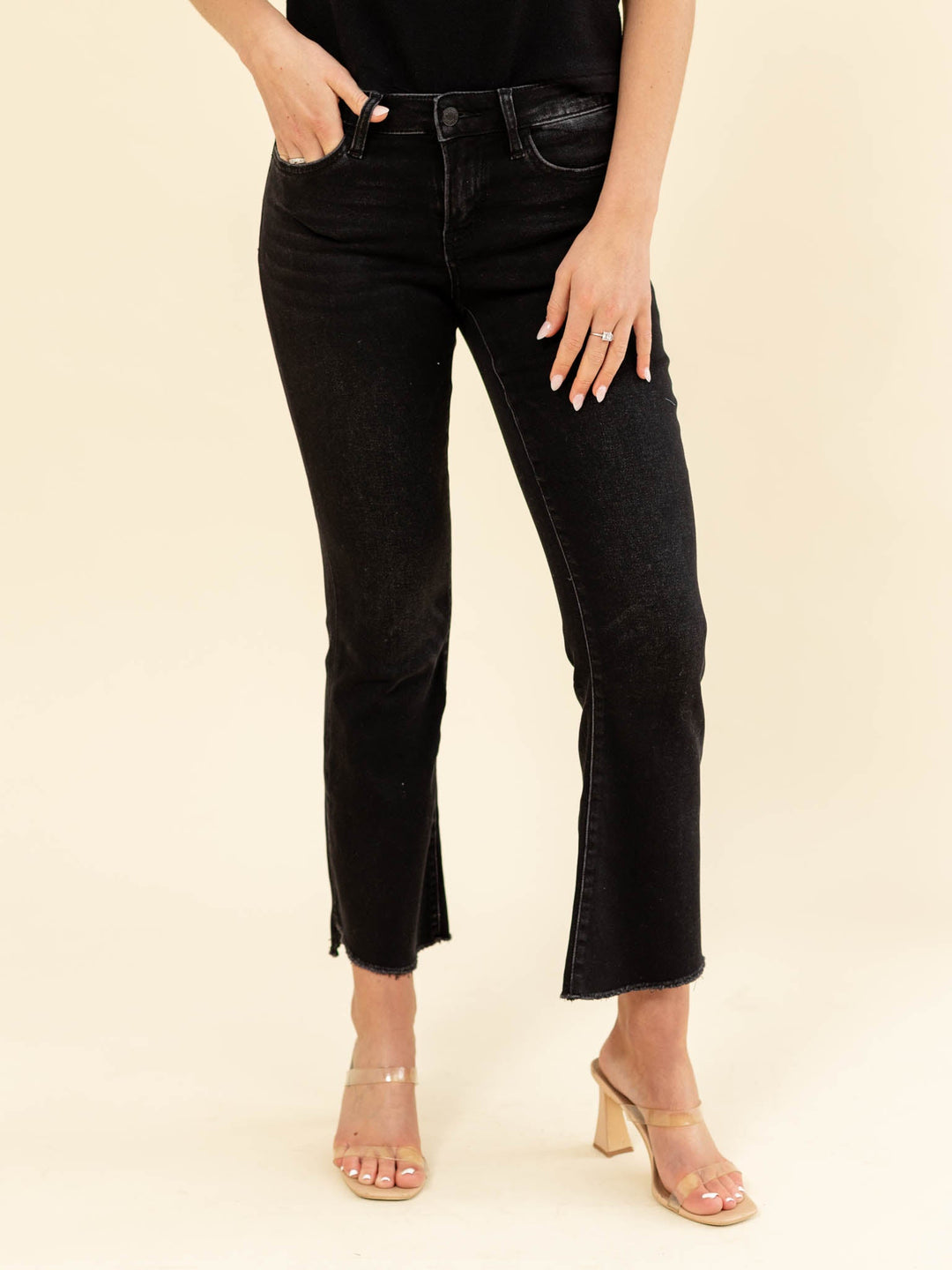 black cropped flared denim jeans