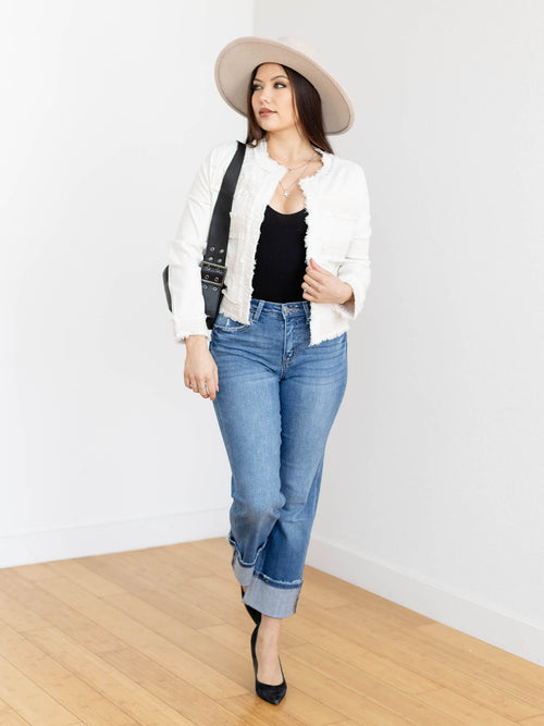 cuffed medium wash denim