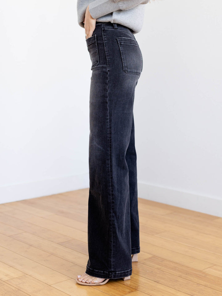 washed black patch pocket jeans