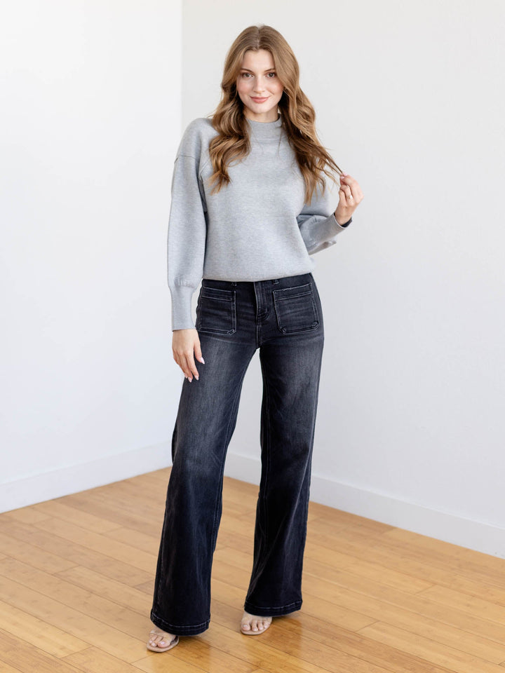 washed black patch pocket jeans