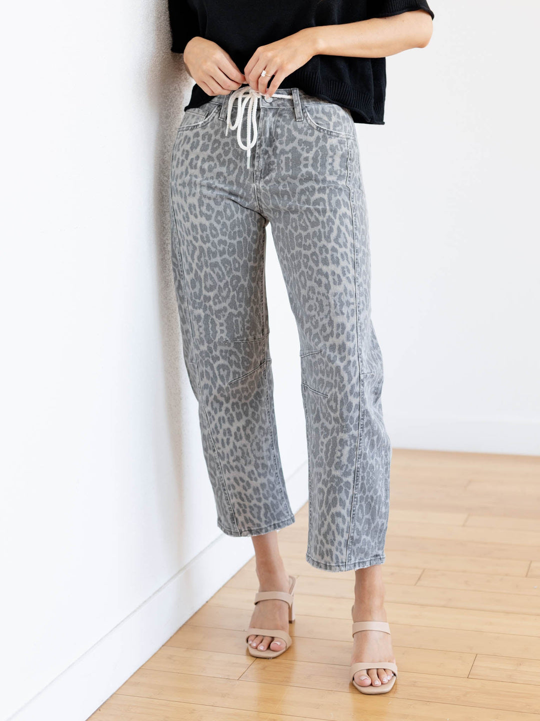 grey leopard barrel jeans