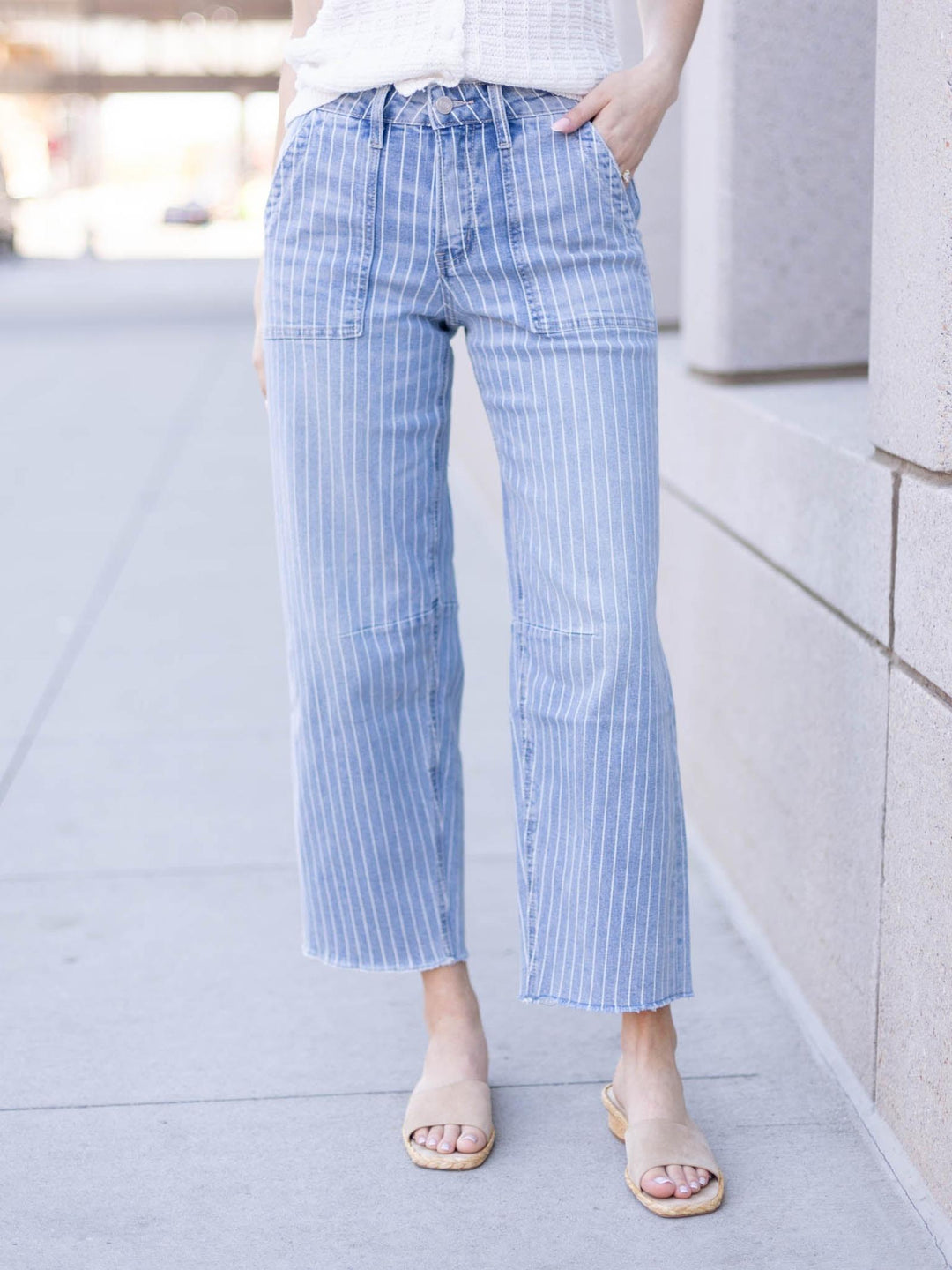 barrel pinstripe jeans