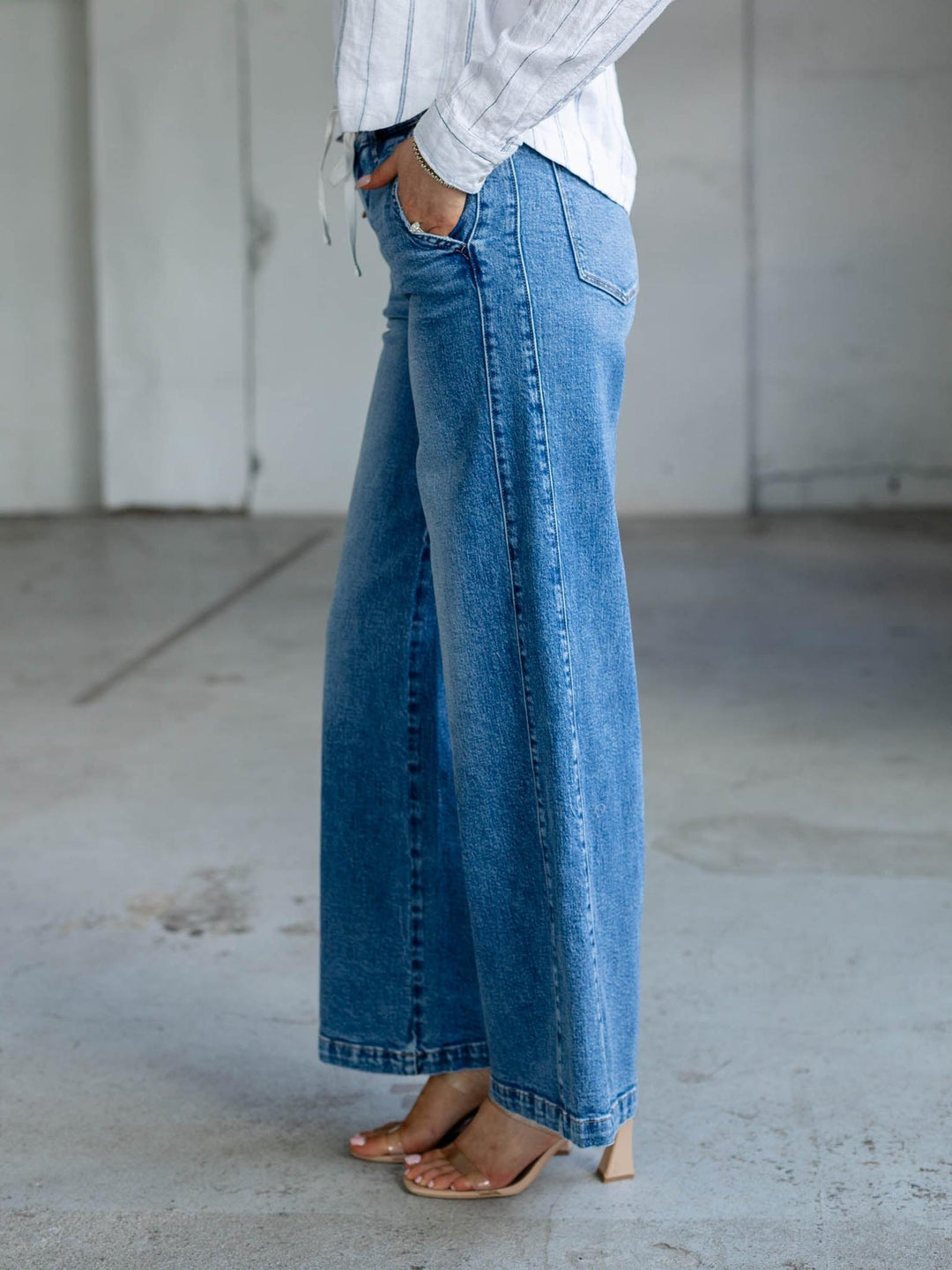 medium wash drawstring denim