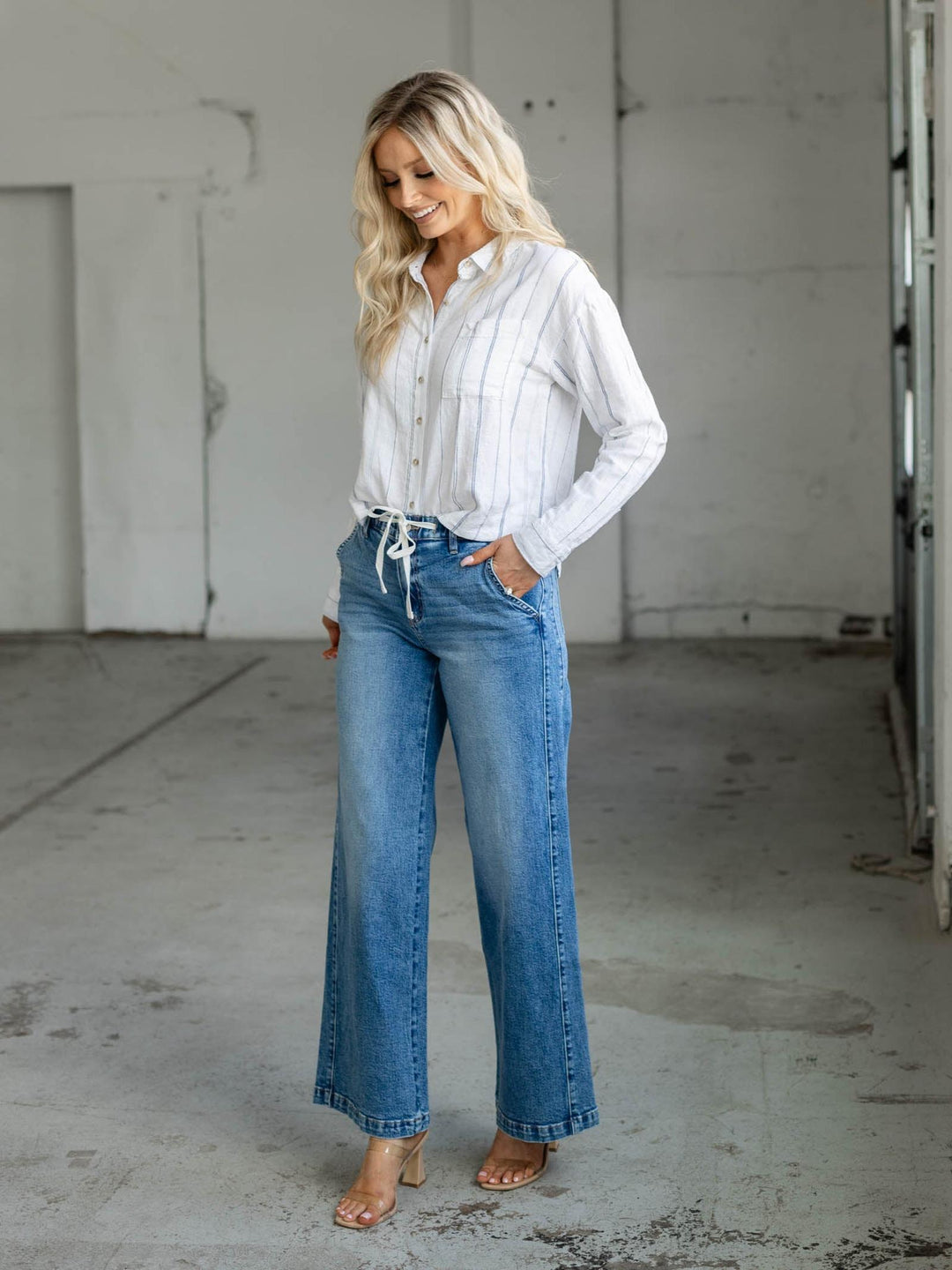 medium wash drawstring denim