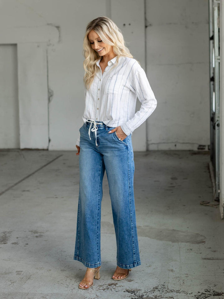 medium wash drawstring denim