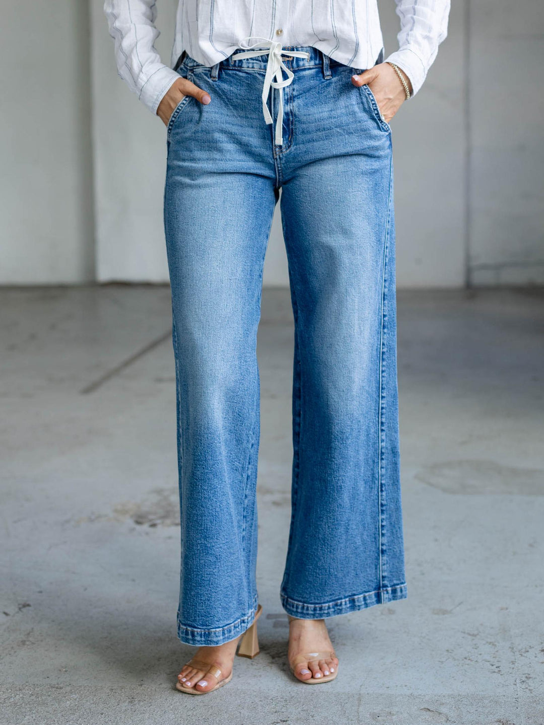 medium wash drawstring denim