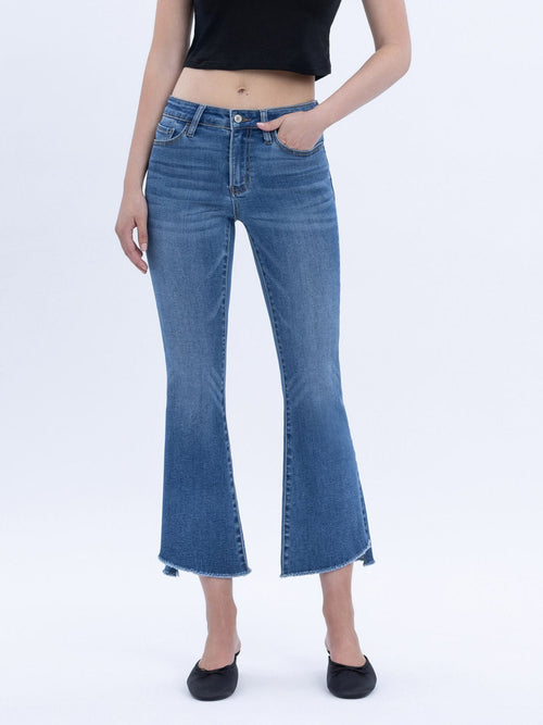 medium wash cropped flared denim jeans