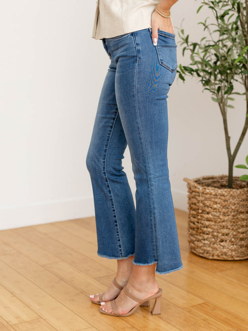 cropped true blue mid rise cropped flare denim