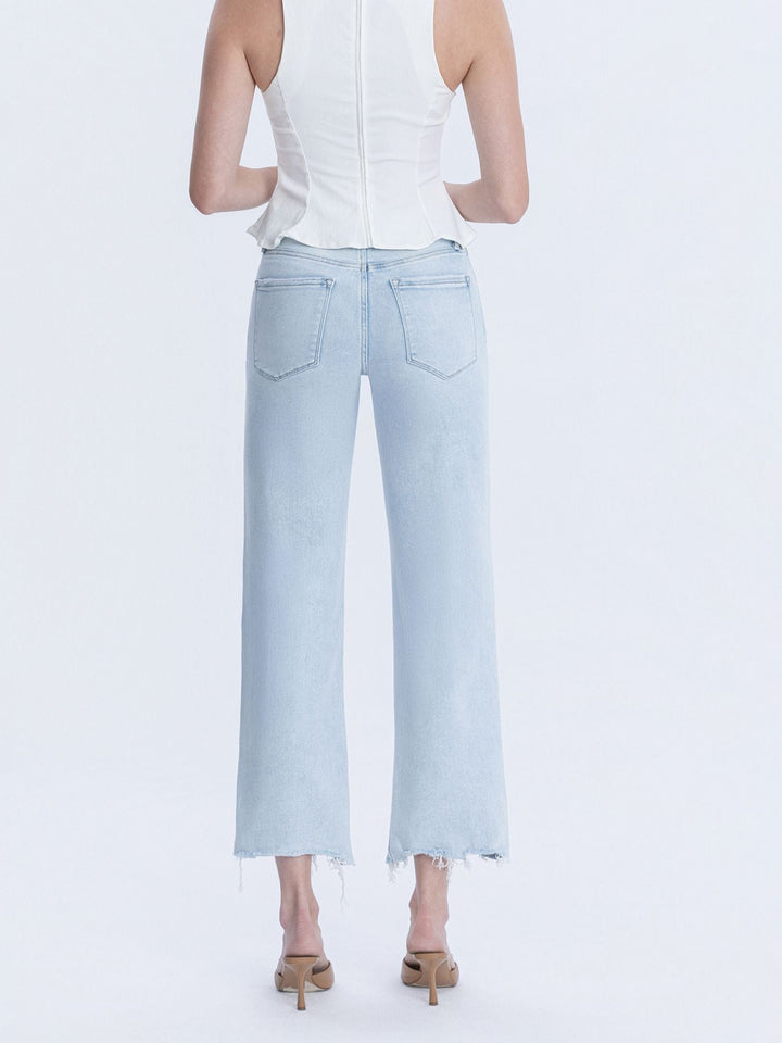 light wash distressed wide ankle denim