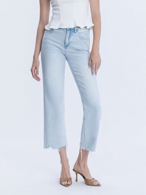 light wash distressed wide ankle denim