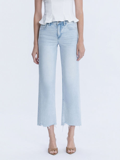 light wash distressed wide ankle denim