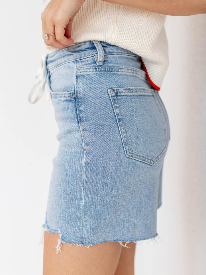 mid length inseam denim shorts
