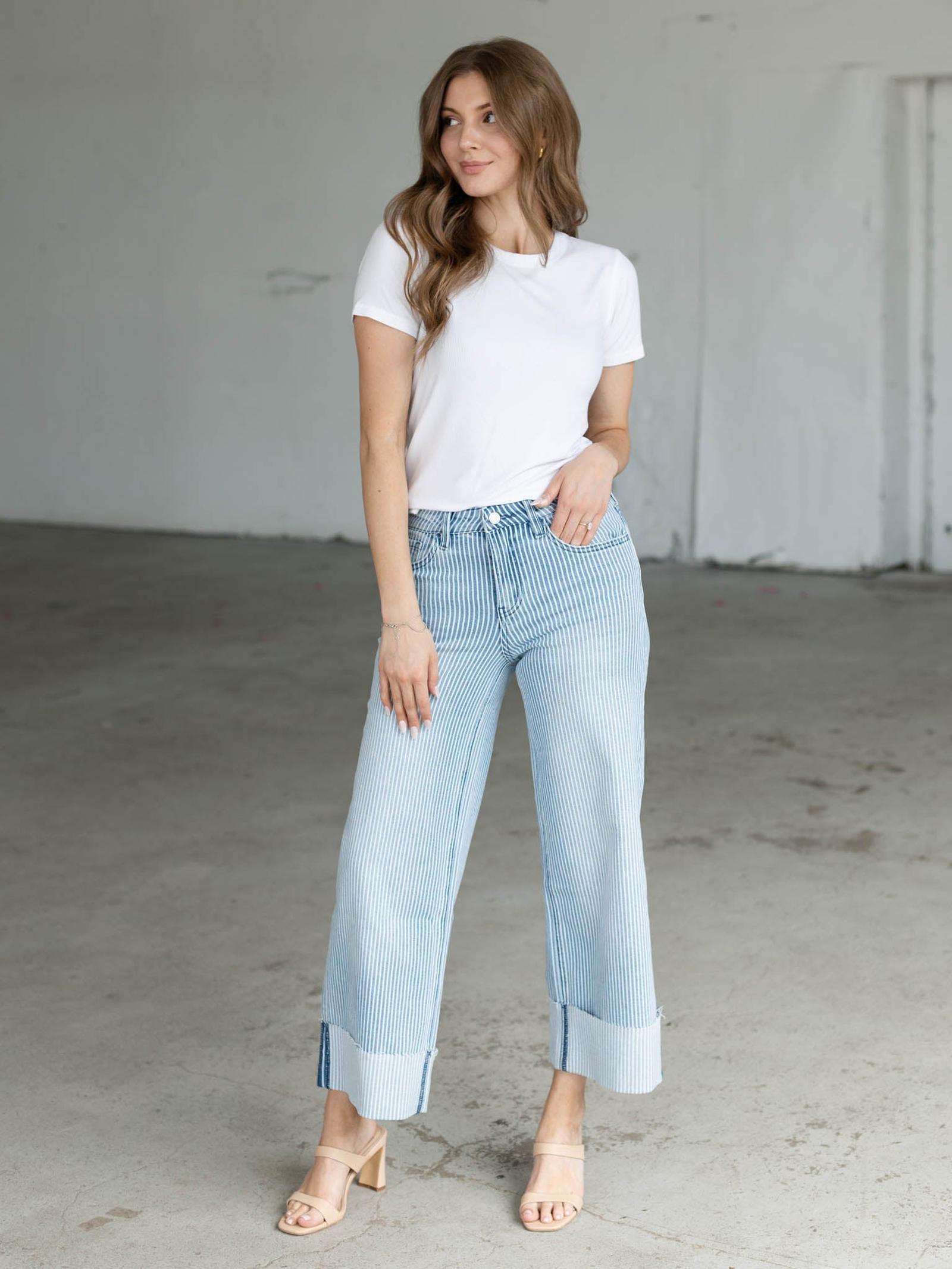 VERVET Stripe High Rise Crop Wide Cuff Denim | Leela and Lavender