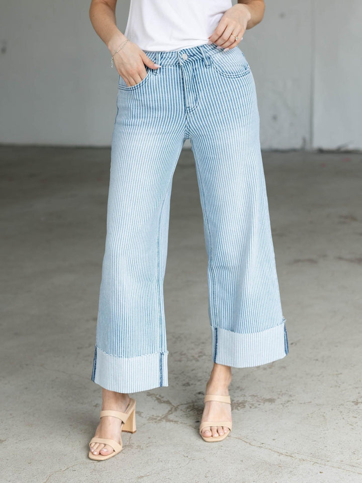 cuffed striped denim
