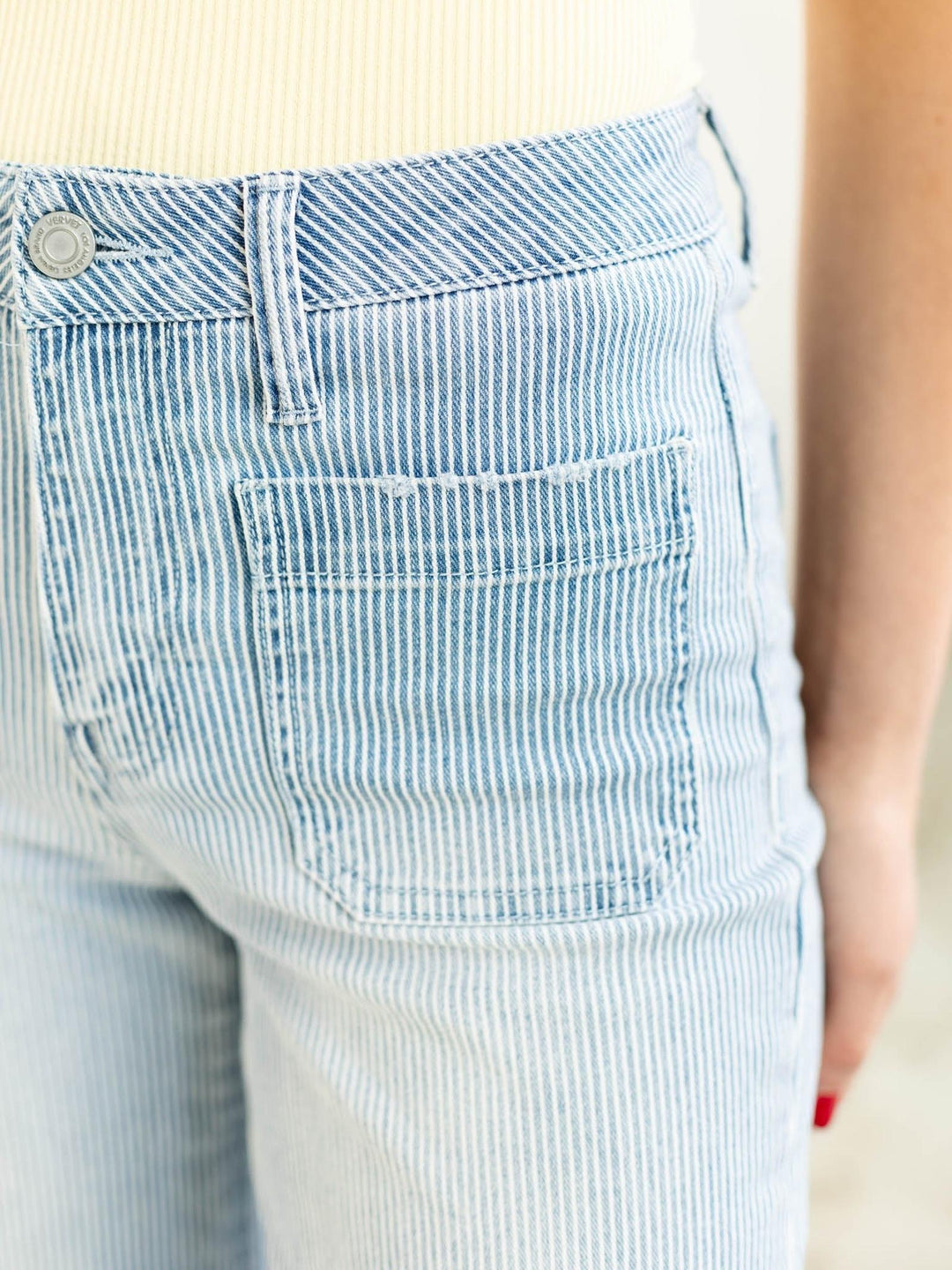 pinstripe wide leg denim