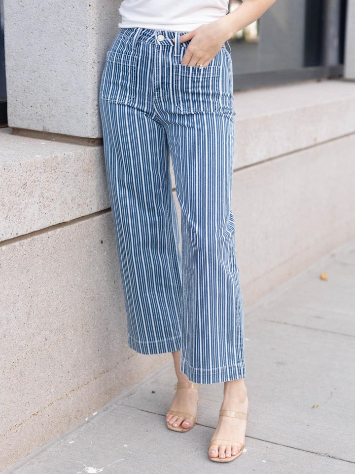 VERVET Stripe High Rise Trouser Hem Wide Leg