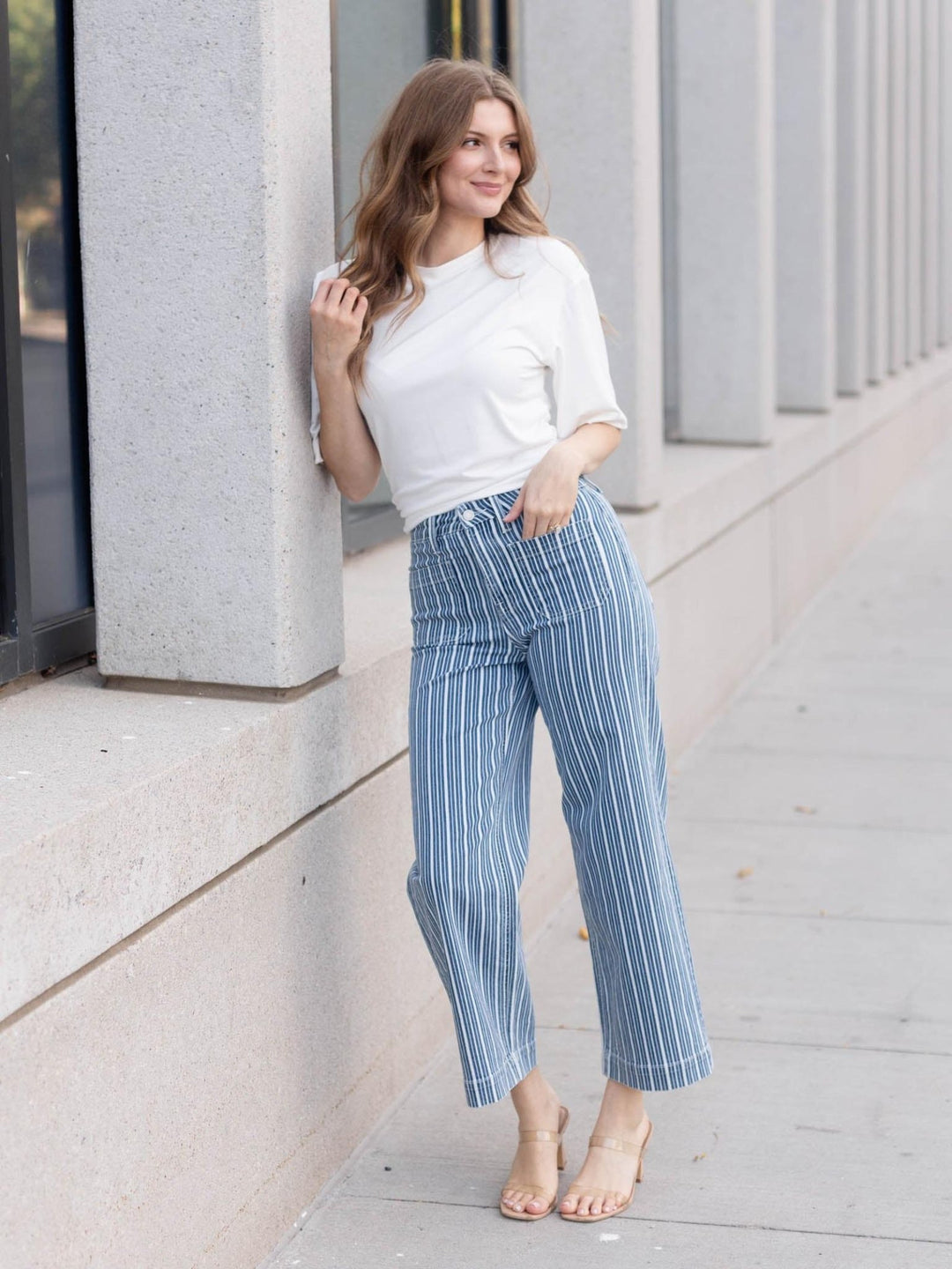 VERVET Stripe High Rise Trouser Hem Wide Leg