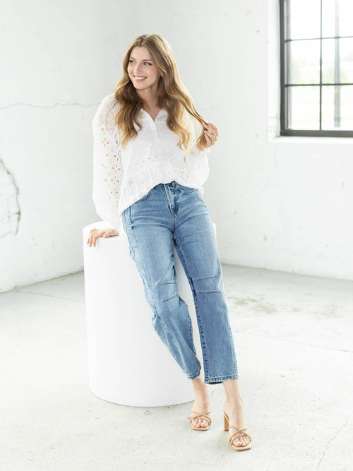 medium wash darting barrel denim