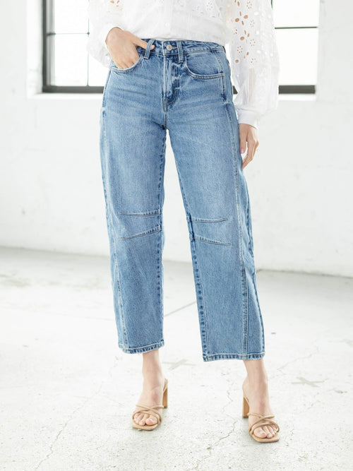 medium wash darting barrel denim