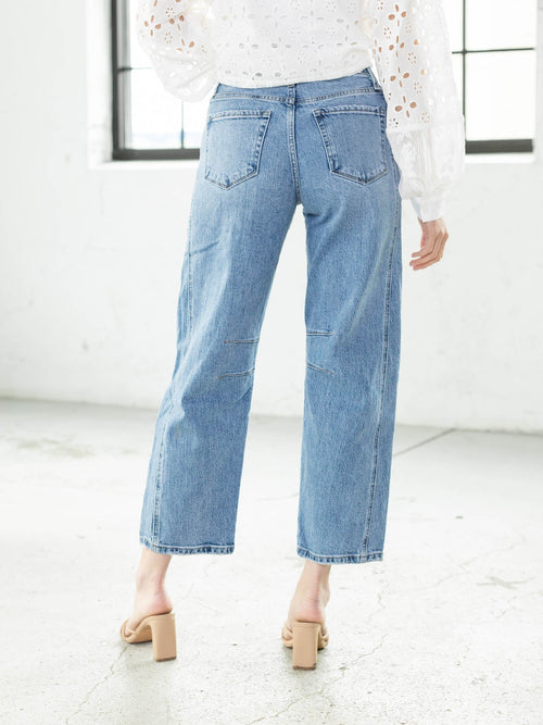 medium wash darting barrel denim