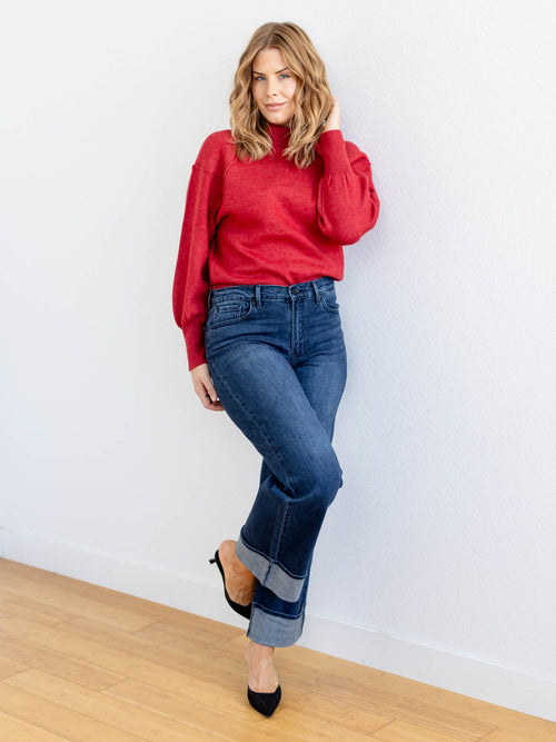 red mock neck sweater