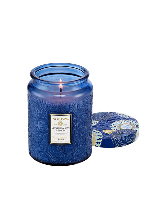 lemon large blue glass candle
