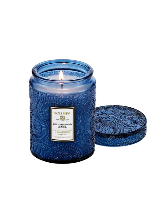 lemon blue glass jar candle