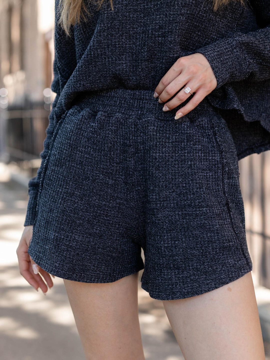 black waffle knit two piece set