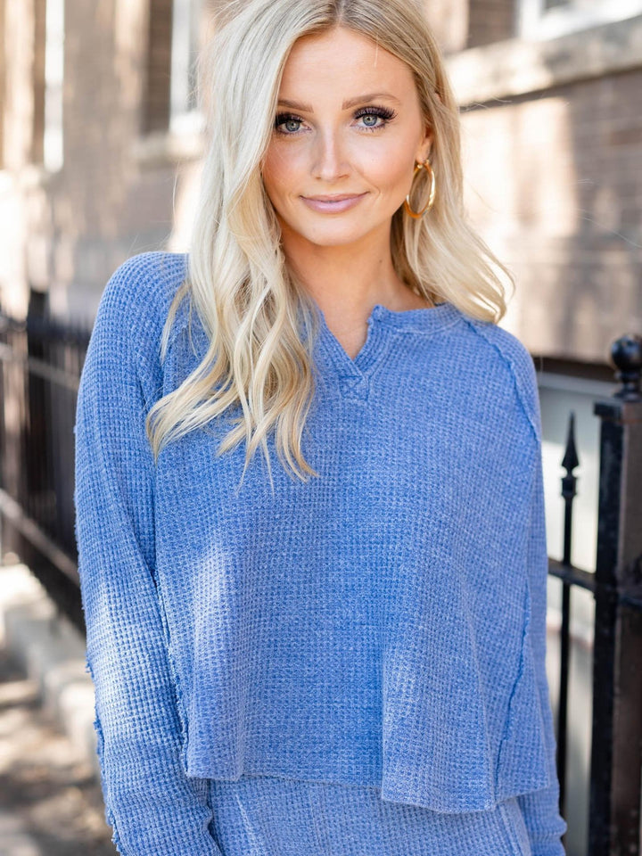 blue waffle knit two piece set