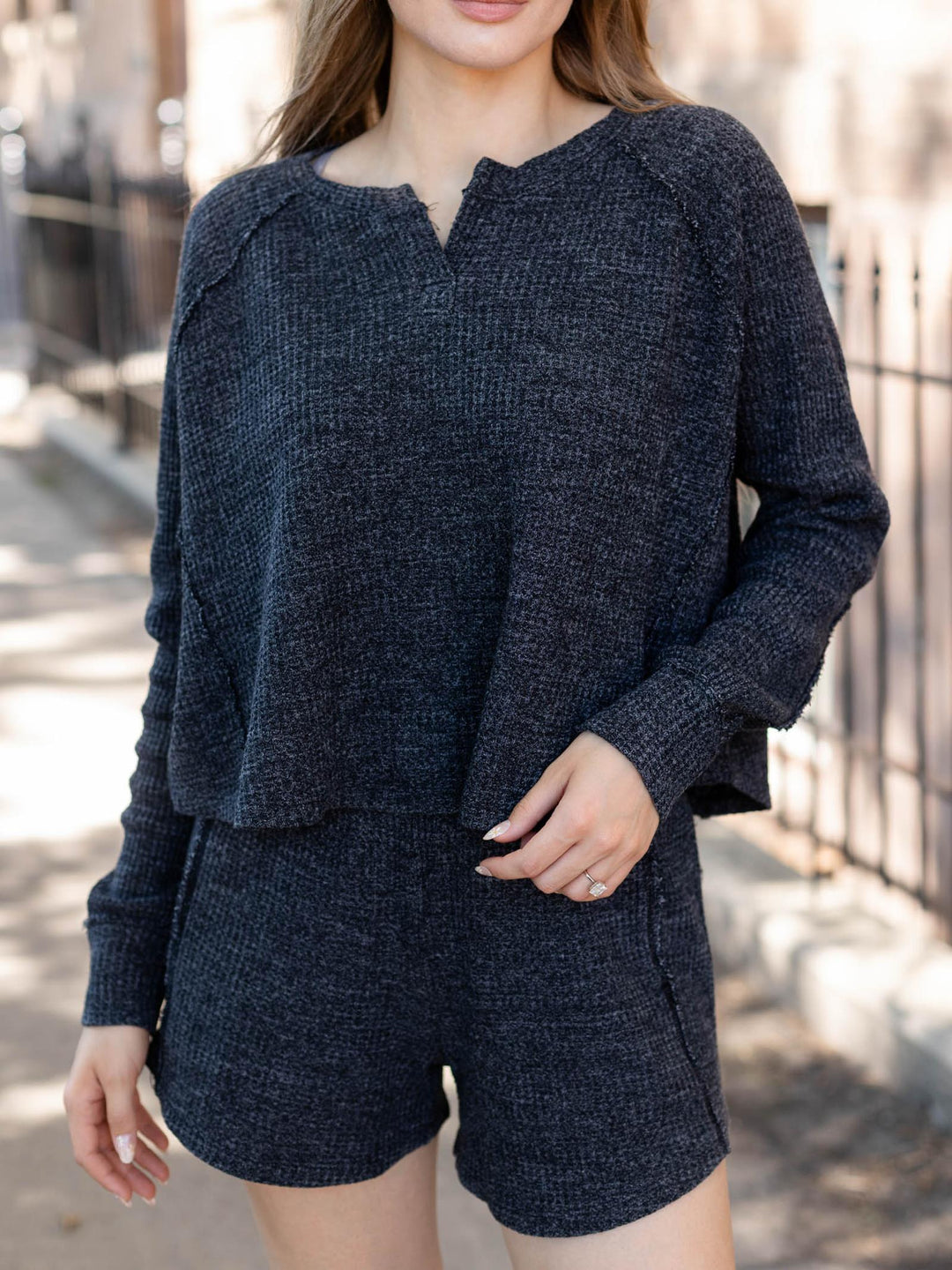 black waffle knit two piece set