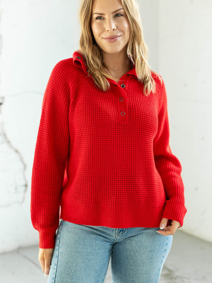 red waffle knit half button sweater