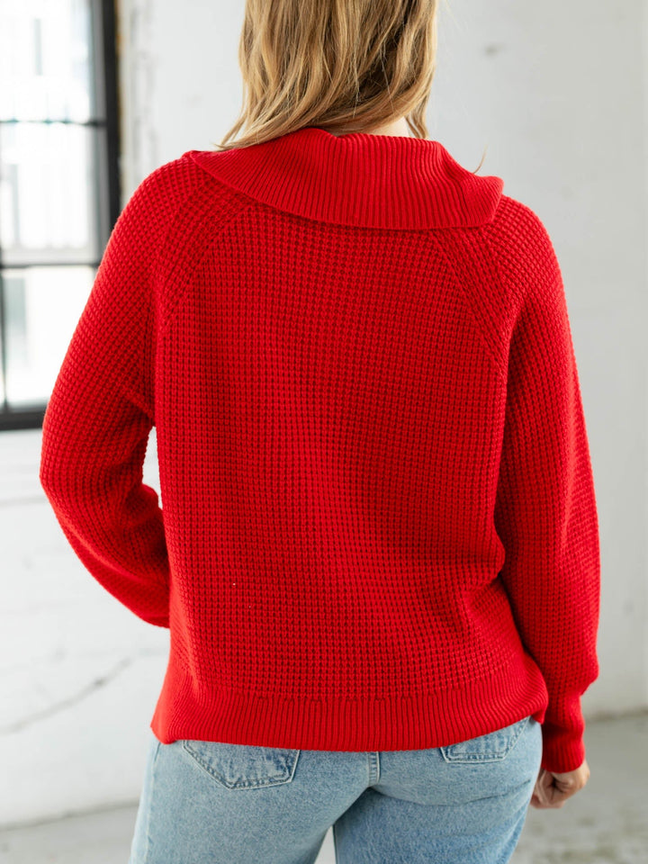 red waffle knit half button sweater
