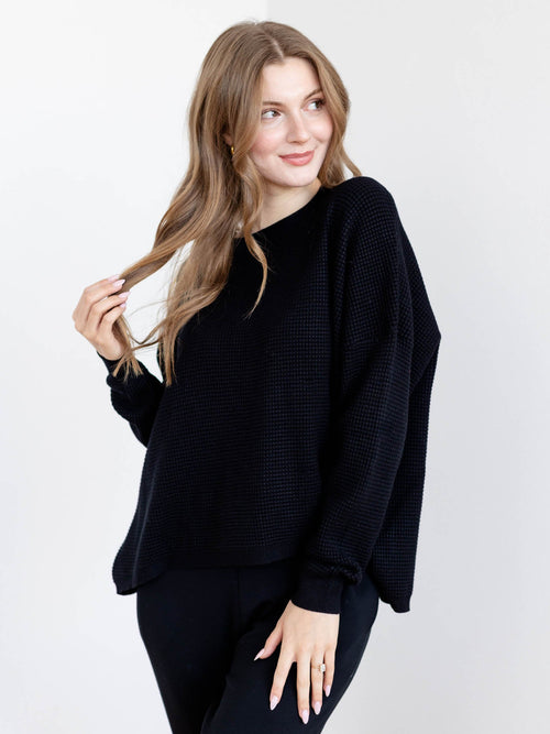 black waffle textured oversized sweater