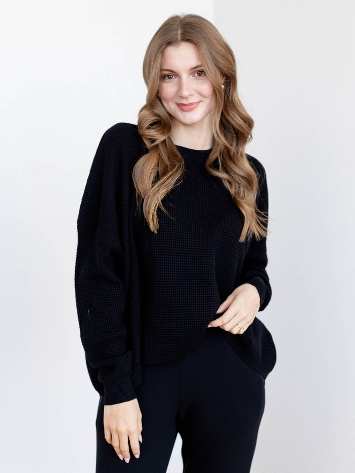 black waffle textured oversized sweater