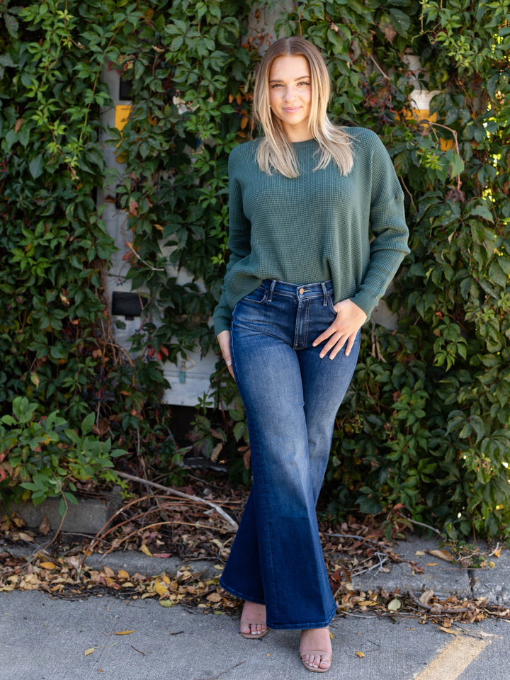 green waffle knit sweater