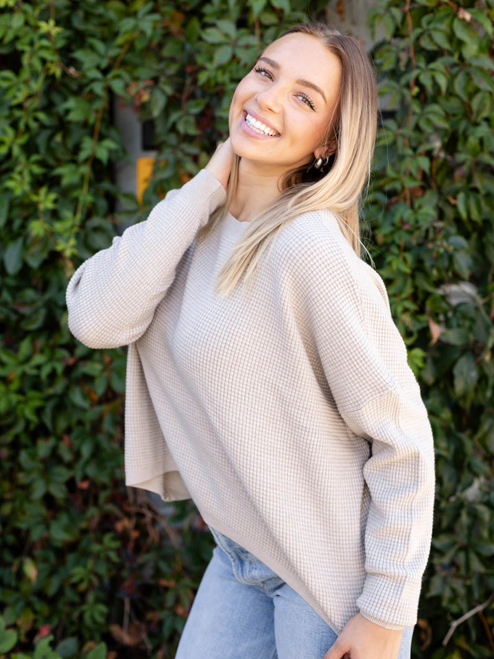 neutral boxy waffle sweater