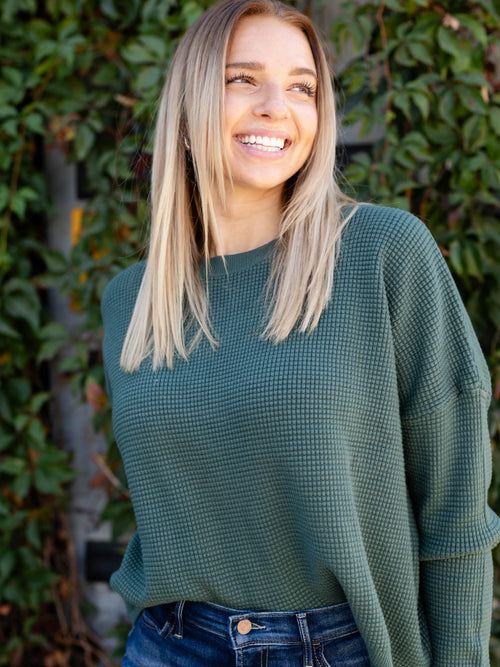 green waffle knit sweater