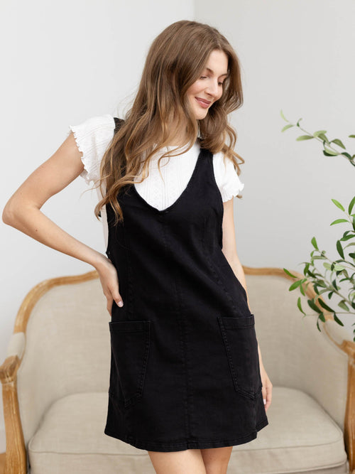 washed black denim overall dress