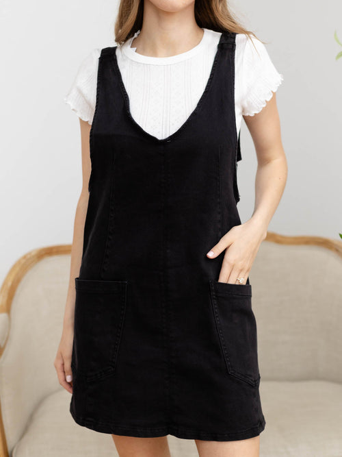washed black denim overall dress