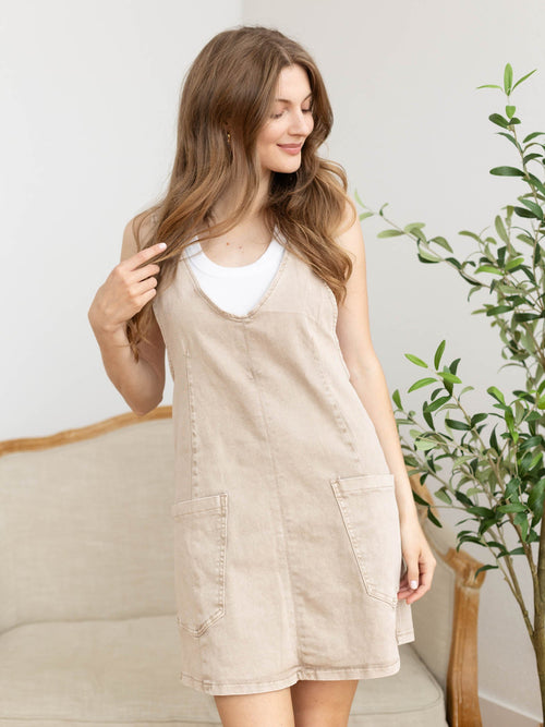 tan overall dress