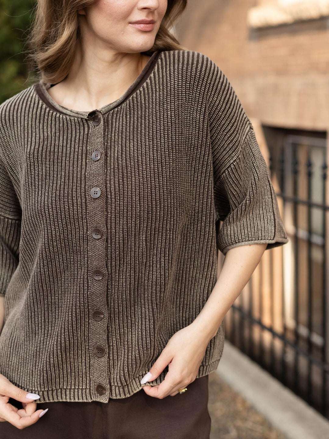 Washed Ribbed Short Sleeve Rolled Edge Cardigan